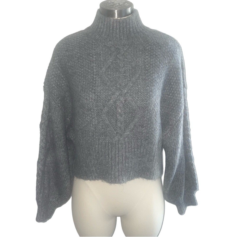 Vero Moda Gray Cable Knit Cropped Mock Neck Balloon‎ Sleeve Scandi Sweater NWT